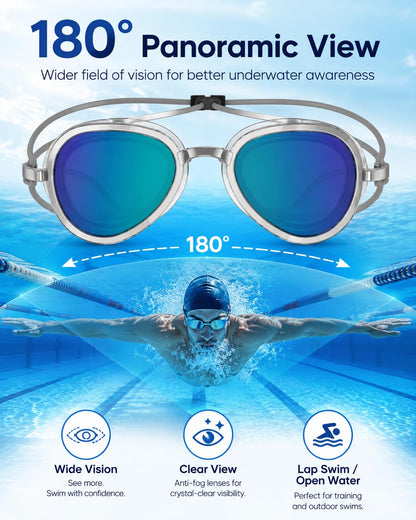 🌊180° Panoramic Swim Goggles, Anti‑Fog UV Protection Mirrored Professional Racing Goggles for Lap Training & Open Water Swimming