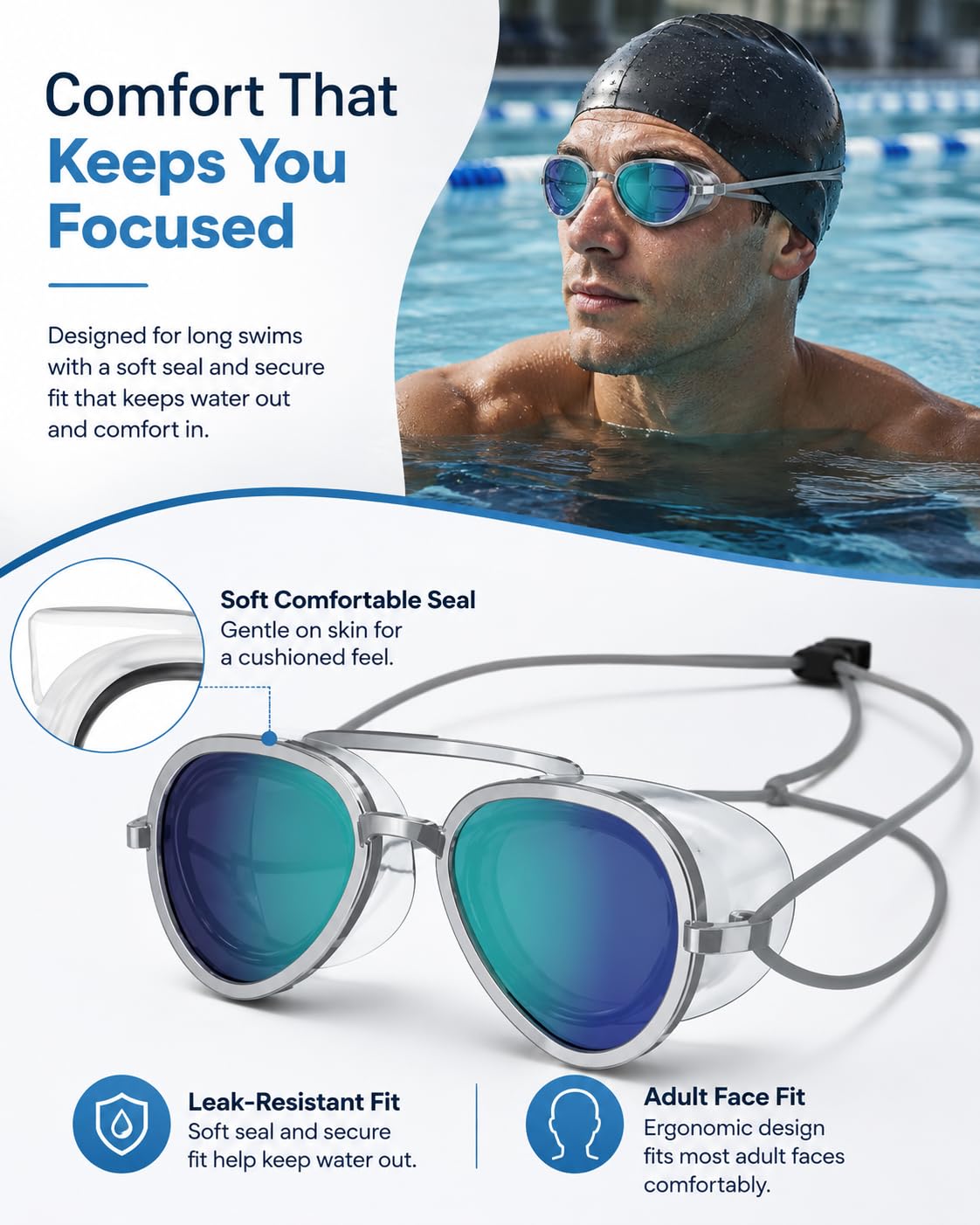 🌊180° Panoramic Swim Goggles, Anti‑Fog UV Protection Mirrored Professional Racing Goggles for Lap Training & Open Water Swimming