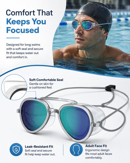 🌊180° Panoramic Swim Goggles, Anti‑Fog UV Protection Mirrored Professional Racing Goggles for Lap Training & Open Water Swimming