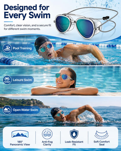 🌊180° Panoramic Swim Goggles, Anti‑Fog UV Protection Mirrored Professional Racing Goggles for Lap Training & Open Water Swimming
