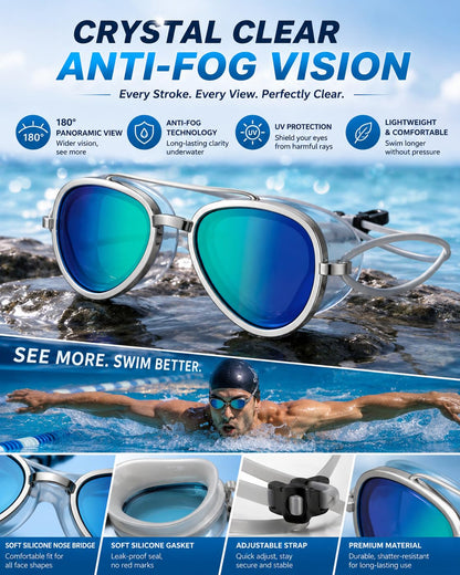 🌊180° Panoramic Swim Goggles, Anti‑Fog UV Protection Mirrored Professional Racing Goggles for Lap Training & Open Water Swimming