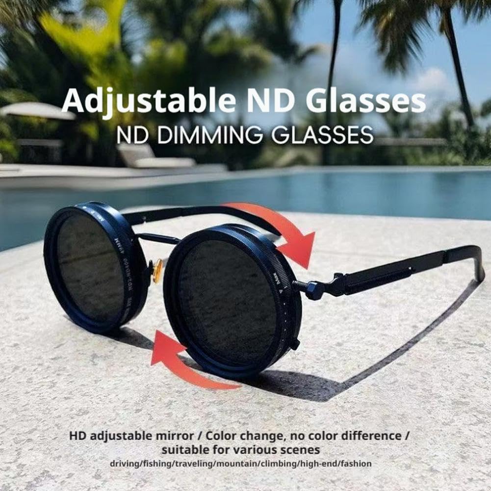 🕶️Vintage Round Adjustable ND‑Polarized Sunglasses, 9‑Level Dimmable Stepless Light Control Lens, UV400 Protection Shades for Fishing Driving Outdoor Activities