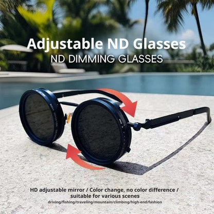 🕶️Vintage Round Adjustable ND‑Polarized Sunglasses, 9‑Level Dimmable Stepless Light Control Lens, UV400 Protection Shades for Fishing Driving Outdoor Activities